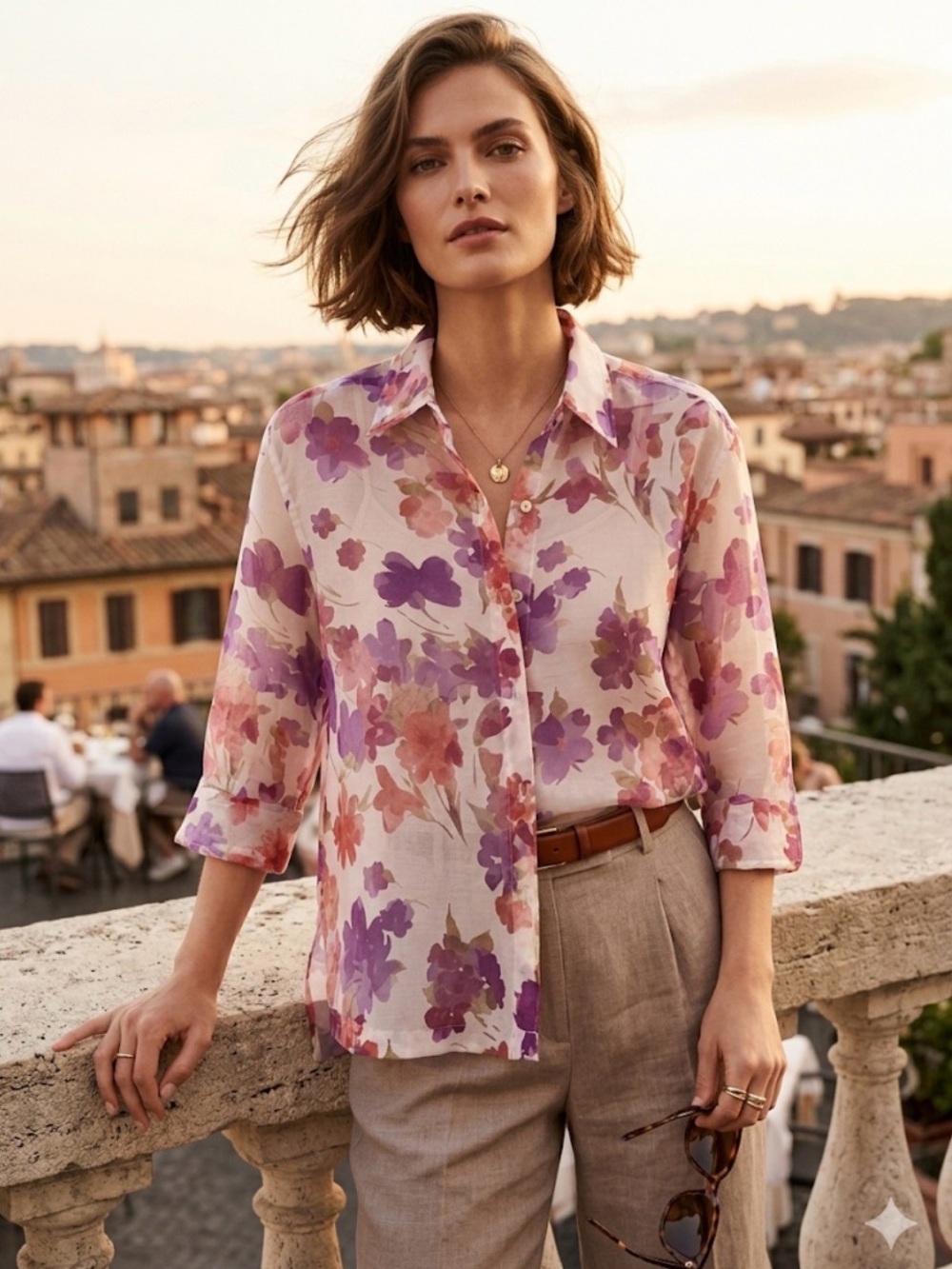 Notations Sheer Floral Button-Up Blouse in Purple Pink
